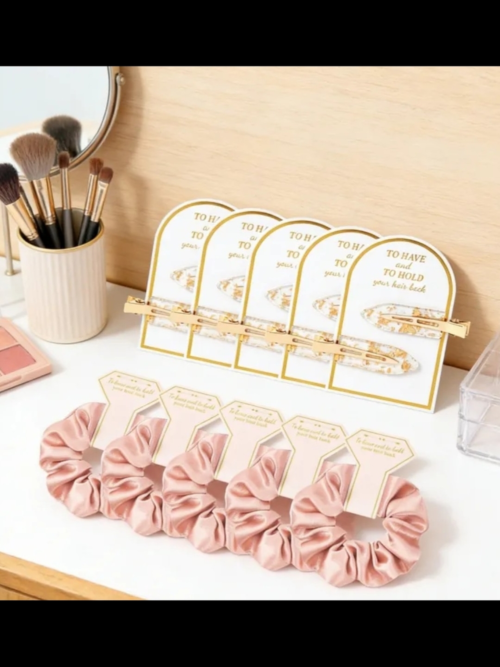 Satin Scrunchies & Gold Hair Clips Set - Blush Pink & Gold